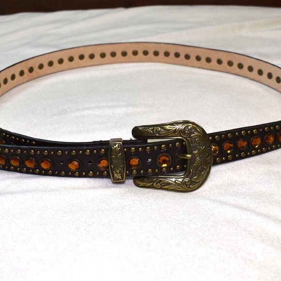 Western Rhinestone Studded Leather Belt Dark Brown XL Orange Stones - Picture 9 of 10